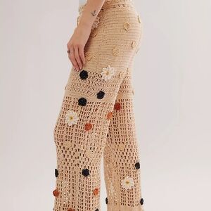 Free People Beige Cactus Floral Crochet Pants